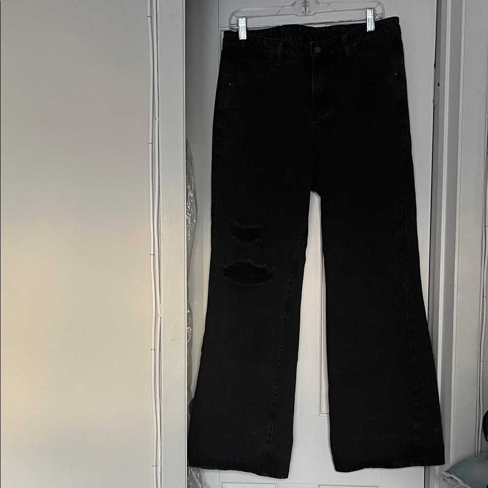 Black Distressed Wide-Leg Jeans.
